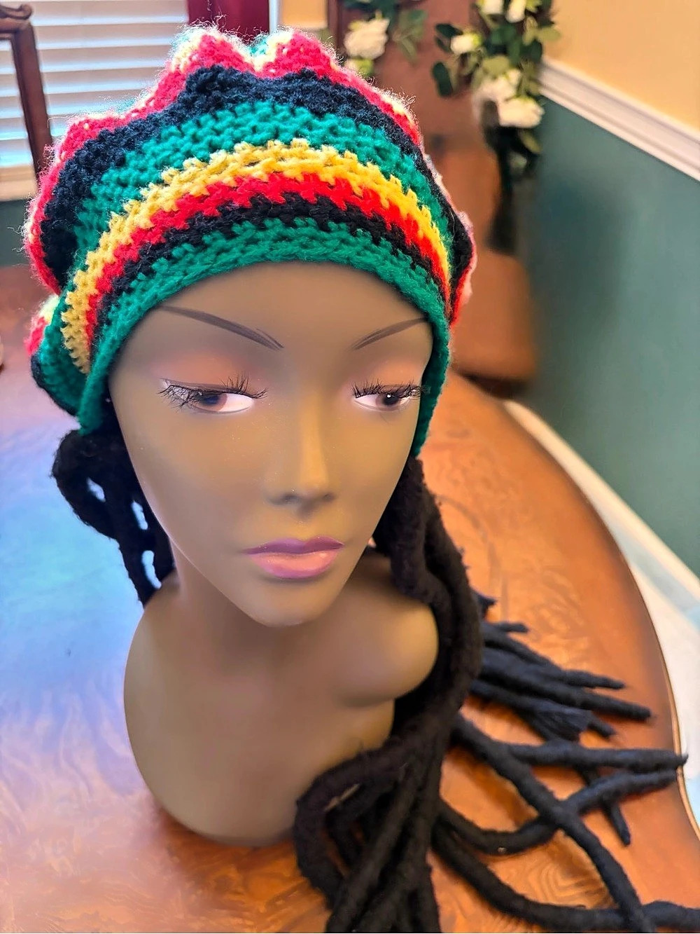 Striped Crochet Dreadlock Hat Green & Red Like New
